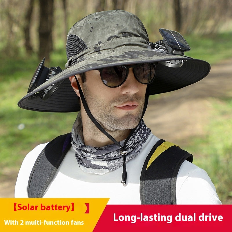 Outdoor Wide Brim Solar Fan Hat – USB & Solar Powered | Adjustable for Summer Comfort