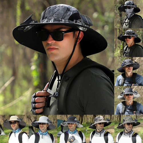 Outdoor Wide Brim Solar Fan Hat – USB & Solar Powered | Adjustable for Summer Comfort